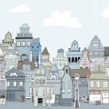 London Houses sininen talotapetti Rebel Wallsilta R14603