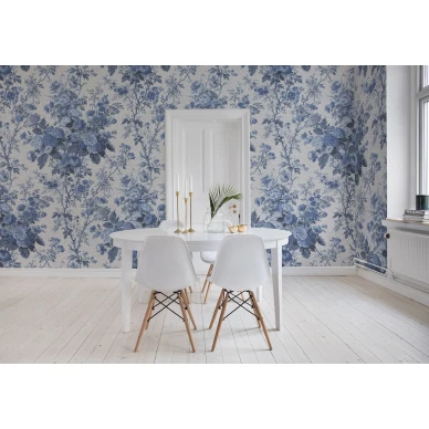Porcelain sininen romanttinen kukkatapetti ruokailuhuoneeseen Rebel Wallsilta R13255 image