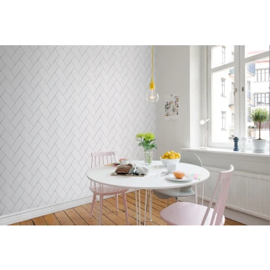 Fishbone Tiles valkoinen kalaruotokuvioinen muraltapetti keittioon Rebel Wallsilta R14781 kuva