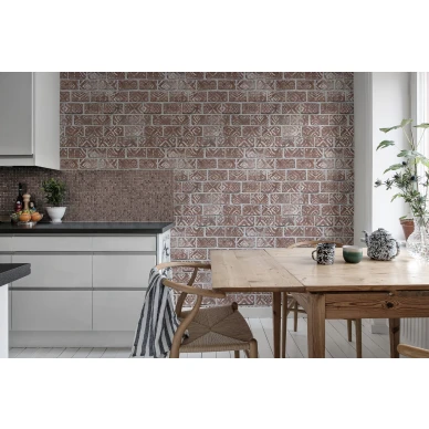 Decorated Bricks punainen tiiliseina muraltapetti keittioon Rebel Wallsilta R15231 image