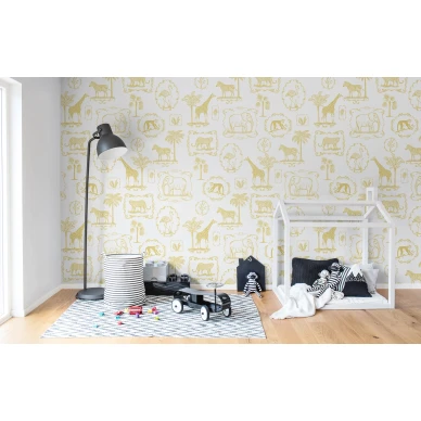 Animal Party keltainen elainkuvioinen lastenhuoneen muraltapetti Rebel Wallsilta R15272 kuva