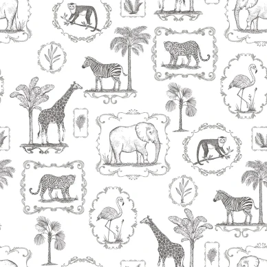 Animal Party mustavalkoinen elaintapetti Rebel Wallsilta R15271 kuva