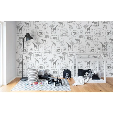 Animal Party mustavalkoinen elaintapetti lastenhuoneeseen Rebel Wallsilta R15271 kuva
