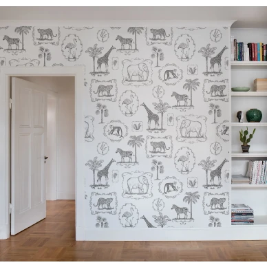Animal Party mustavalkoinen elaintapetti tyohuoneeseen Rebel Wallsilta R15271 kuva