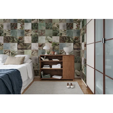 Birds of Paradise ruudullinen lintutapetti makuuhuoneeseen Rebel Wallsilta R15071 kuva