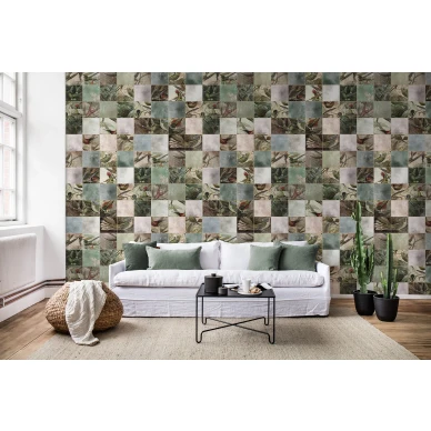 Birds of Paradise ruudullinen lintutapetti olohuoneeseen Rebel Wallsilta R15071 kuva