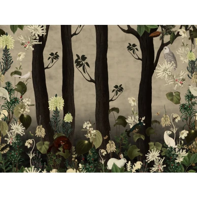 Rabbit Hole ruskea maaginen metsatapetti koko kuvio Rebel Wallsilta R17132 kuva