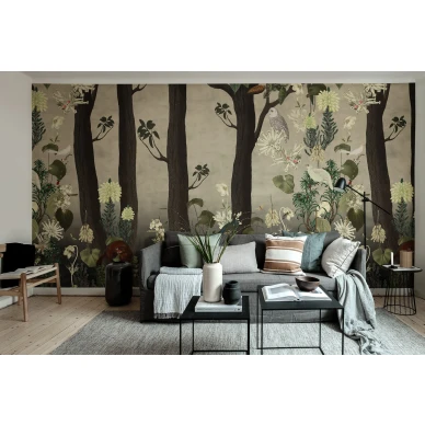 Rabbit Hole ruskea maaginen metsatapetti olohuoneeseen Rebel Wallsilta R17132 kuva