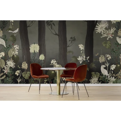 Rabbits Hole tumma metsatapetti elaintapetti ruokailuhuoneeseen Rebel Wallsilta R17131 kuva