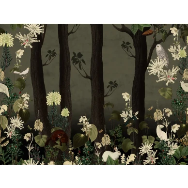 Rabbits Hole tumma metsatapetti ja elaintapetti koko kuvio Rebel Wallsilta R17131 kuva