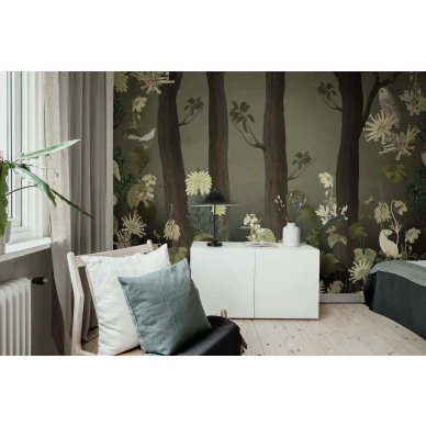 Rabbits Hole tumma metsatapetti ja elaintapetti makuuhuoneeseen Rebel Wallsilta R17131 kuva