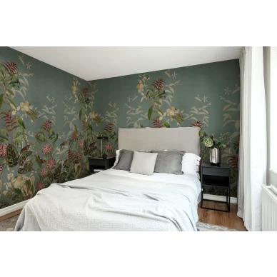 Vigor sininen vihrea suurikuvioinen kukka ja lintutapetti makuuhuoneeseen Rebel Wallsilta R17152 image