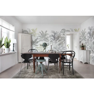 Pride Palms vaalea suurikuvioinen palmutapetti ruokailuhuoneeseen Rebel Wallsilta R15901 kuva