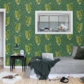Acapulco vihrea pilkullinen lehtitapetti makuuhuoneeseen Rebel Wallsilta R16011