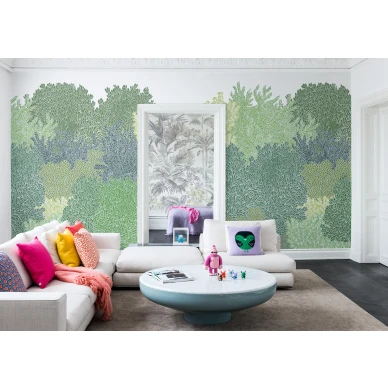 Hideaway vihrea suurikuvioinen puutapetti olohuoneeseen Rebel Wallsilta R16021 kuva