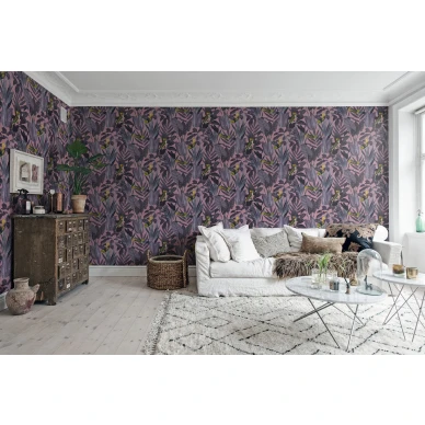 Yellow Bird liila lintutapetti olohuoneeseen Rebel Wallsilta R15732 kuva