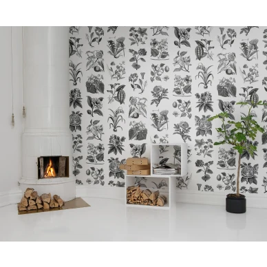 Fruit and Flora mustavalkoinen kukkatapetti olohuoneeseen Rebel Wallsilta R13171 kuva