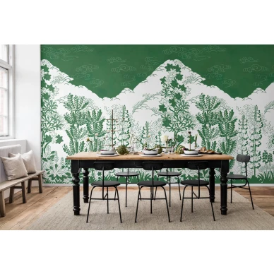 Eden leikkimielinen vihrea vuoritapetti ruokailuhuoneeseen Rebel Wallsilta R15721 kuva