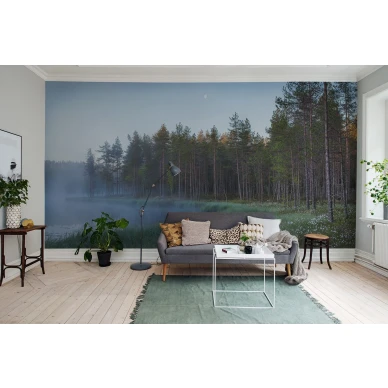 Forest Lake sumuinen metsajarvi valokuvatapetti olohuoneeseen Rebel Wallsilta R16421 image