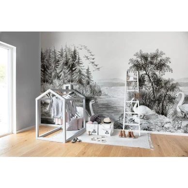 Swan Lake harmaa lintutapetti lastenhuoneen muraltapetti Rebel Wallsilta R16221 image