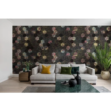 Vinum Hexagon geometrinen elava kukkakuvioinen muraltapetti Rebel Wallsilta R16241 kuva