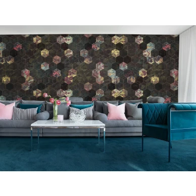 Vinum Hexagon geometrinen kukkakuvioinen muraltapetti olohuoneeseen Rebel Wallsilta R16241 kuva