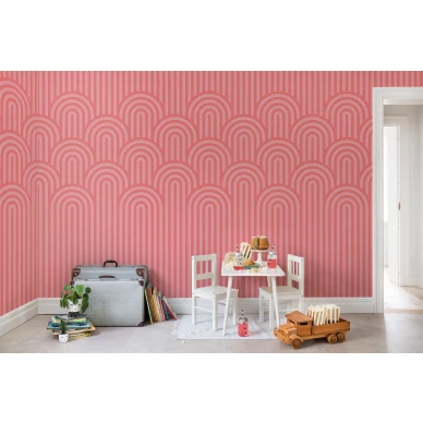 Happy Hills roosa graafinen muraltapetti lastenhuoneeseen Rebel Wallsilta R16283 kuva