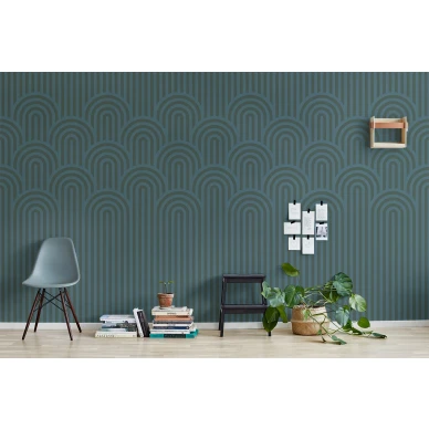 Happy Hills sinivihrea graafinen muraltapetti olohuoneeseen Rebel Wallsilta R16281 kuva