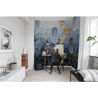 Gradient Geometry sininen geometrinen muraltapetti kotitoimistoon Rebel Wallsilta R16291 kuva