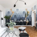 Gradient Geometry sininen geometrinen muraltapetti olohuoneeseen Rebel Wallsilta R16291