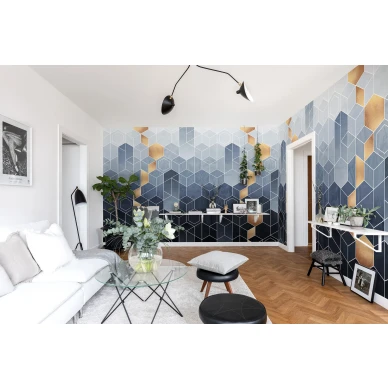 Gradient Geometry sininen geometrinen muraltapetti olohuoneeseen Rebel Wallsilta R16291 kuva