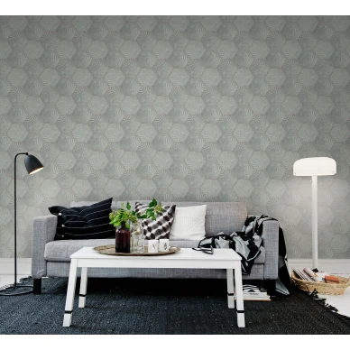 Hexagon vihrea geometrinen betonilaattakuvio muraltapetti olohuoneeseen Rebel Wallsilta R12821 image