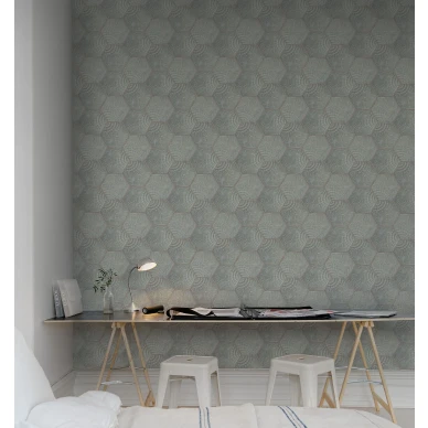 Hexagon vihrea geometrinen betonilaattakuvio muraltapetti tyohuoneeseen Rebel Wallsilta R12821 image