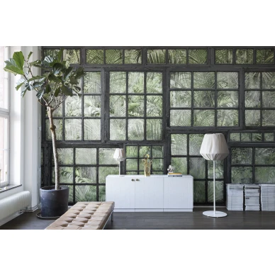Perspective Jardin musta vihrea ikkunatapetti olohuoneeseen Rebel Wallsilta R14372 image