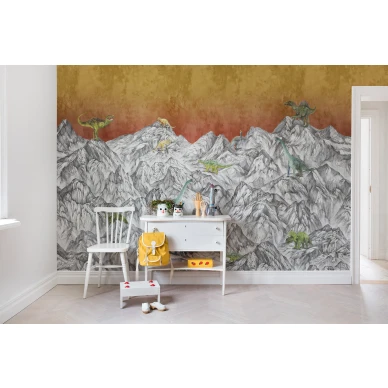 Dinosaur Mountain jannittava oranssiharmaa dinosaurustapetti lastenhuoneeseen Rebel Wallsilta R16993 image