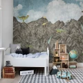 Dinosaur Mountain leikkimielinen dinosaurustapetti lastenhuoneeseen Rebel Wallsilta R16994