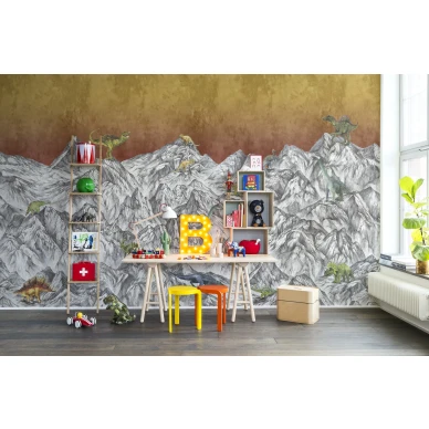 Dinosaur Mountain leikkimielinen oranssiharmaa dinosaurustapetti lapsille Rebel Wallsilta R16993 image