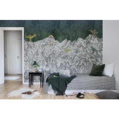 Dinosaur Mountain vihreaharmaa dinosaurustapetti makuuhuoneeseen Rebel Wallsilta R16992 image