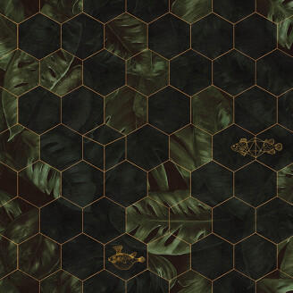 Hexagon Leaves vihrea geometrinen lehtitapetti Rebel Wallsilta R17181 kuva