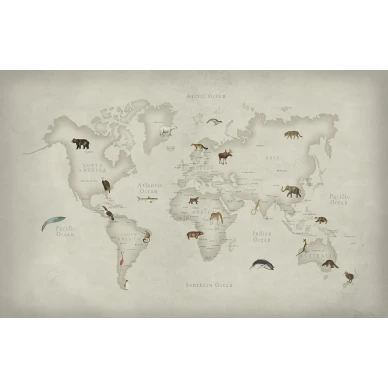 Animal World maailmankarttatapetti villielaimilla koko kuvio Rebel Wallsilta R17231 image