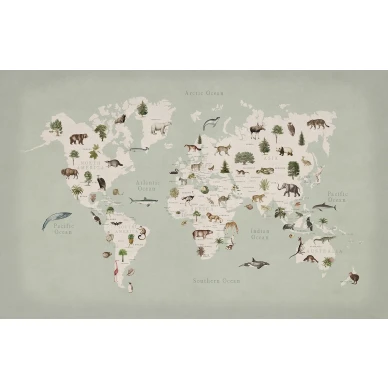 Animal World mintunvihrea maailmankartta kuvatapetti Rebel Wallsilta R18441 koko kuvio image