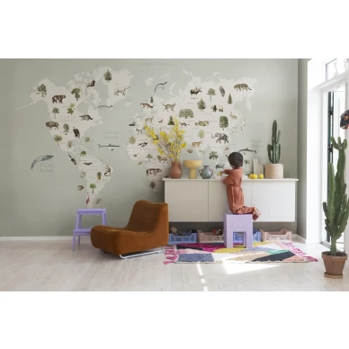 Lastenhuoneen maailmankartta tehosteseina Rebel Wallsilta Animal World R18441 image