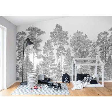 Scandinavian Bellewood harmaa metsatapetti lastenhuoneeseen Rebel Wallsilta R17201 kuva