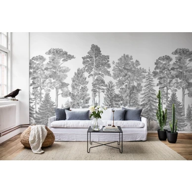 Scandinavian Bellewood harmaa metsatapetti olohuoneeseen Rebel Wallsilta R17201 kuva
