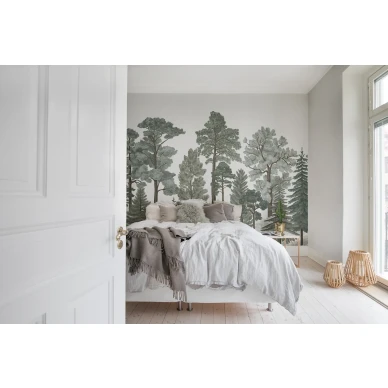 Scandinavian Bellewood talvivihrea metsatapetti makuuhuoneeseen Rebel Wallsilta R17202 kuva