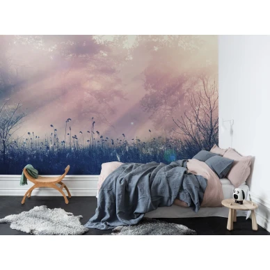 Pink Dawn romanttinen roosa maisematapetti makuuhuoneeseen Rebel Wallsilta R15361 kuva