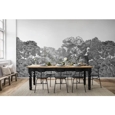 Bellewood mustavalkoinen metsatapetti ruokailuhuoneeseen Rebel Wallsilta R13053 image