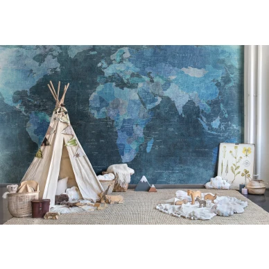 World Map sininen maailmankartta muraltapetti lastenhuoneeseen Rebel Wallsilta R10773 kuva