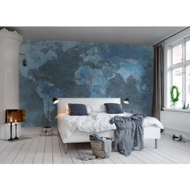 World Map sininen maailmankartta muraltapetti makuuhuoneeseen Rebel Wallsilta R10773 kuva