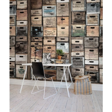 Industriel Urban Farm LA harmaaruskea puulaatikko muraltapetti tyohuoneeseen Rebel Wallsilta R12902 image